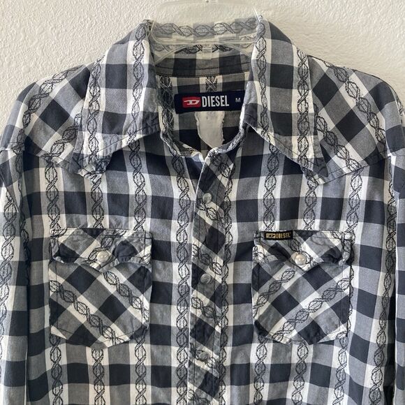 Vintage Diesel Button Down Shirt Western Snap Black Plaid Long Sleeve Medium - Picture 3 of 10